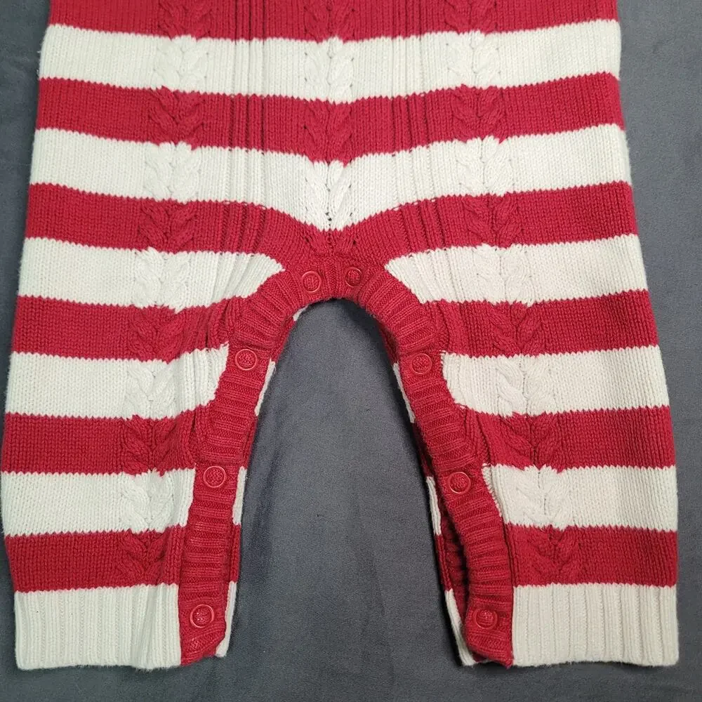 Cherokee Baby Knit Sweater Romper Red White Stripe Henley Long Sleeve One Piece